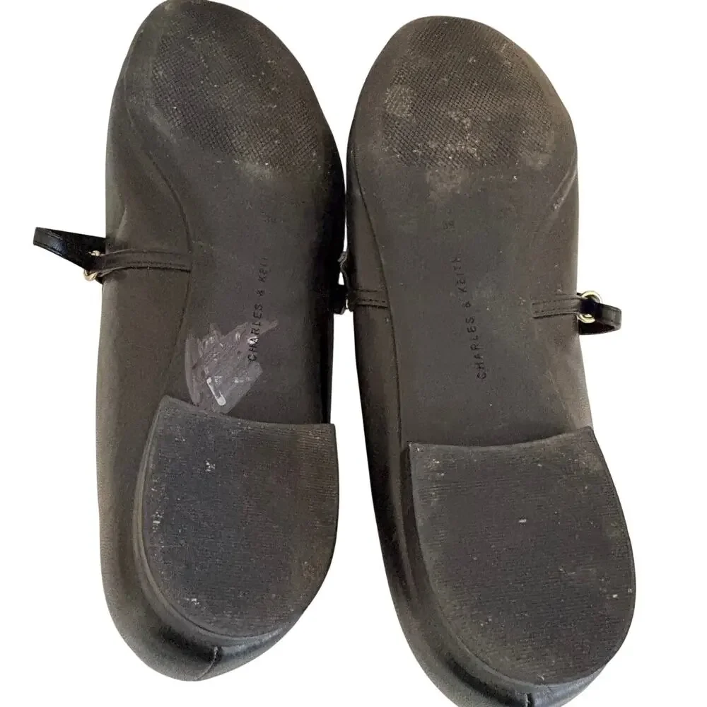 Charles & Keith Faux Black Leather ADORE Charm Mary Jane Ballet Flats Shoes Glam